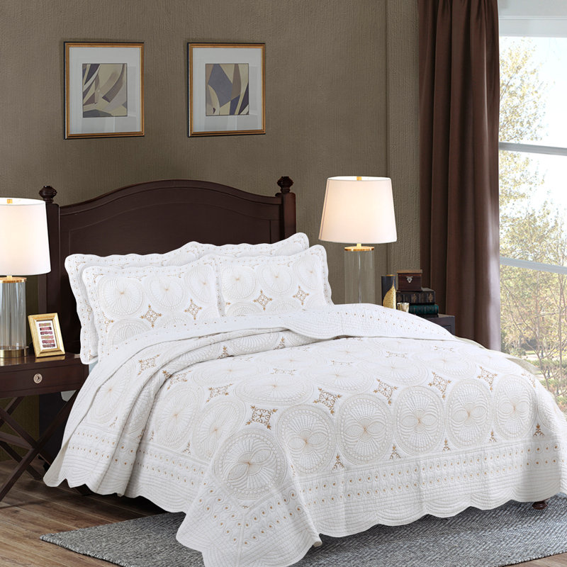  100% Cotton White Quilt Set With Shams Bedding Set, Queen Quilt + 2 Standard Shams