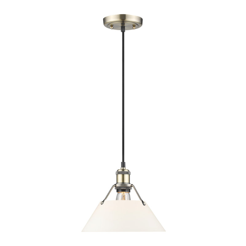 Luminaire suspendu conique à 1 lumière Weatherford, Laiton vieilli, H 130 po x l 10 po x P 10 po, Verre opale