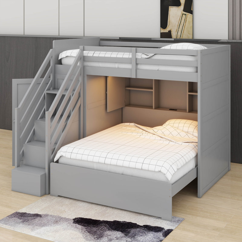 Lit superposé avec escalier, lit superposé en bois avec tablettes de rangement, garde-robe, port USB, station de charge et lumière