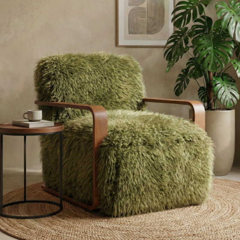 Harry Soft Long-Haired Upholstered Accent Chair, Green