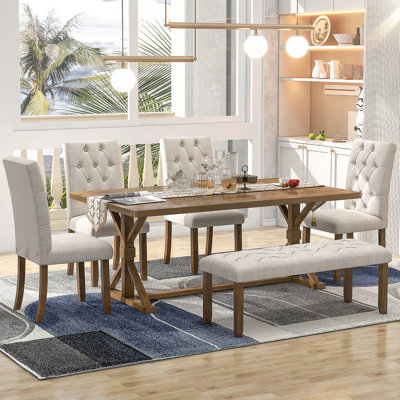 Ensemble de table de salle à manger 6 pièces avec table rectangulaire en bois et banc, idéal pour les réunions de famille et créer des expériences culinaires mémorables.