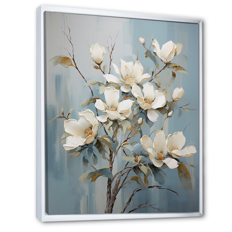 Minimalisme blanc et bleu Magnolias Florescence III sur toile, Cadre flottant blanc, 20" H x 12" W