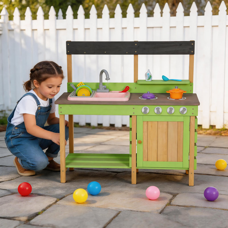 Kids Play Kitchen – Wood Kitchen Playset with Water Play Set & Cooking Toys, Outdoor Play Kitchen for Ages 3-8, Backyard Gift for Boys & Girls