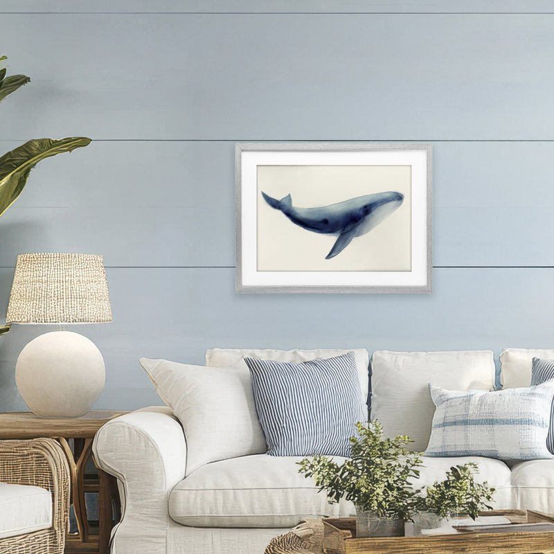 Baleine géante douce et douce encadrée sous verre, design par Lily K., H 17 po x l 23 po, Cadre de ferme gris