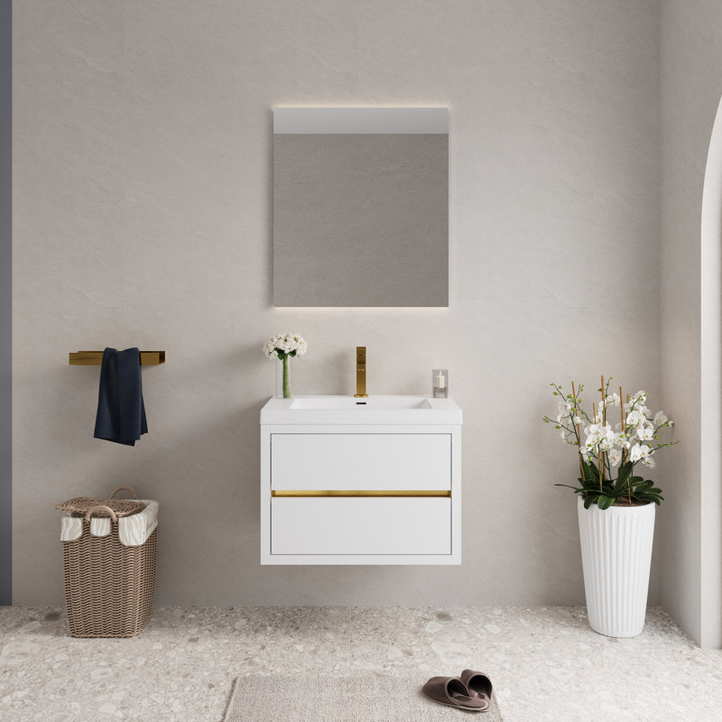 Ensemble de meuble-lavabo mural pleine grandeur 30 po avec lavabo en résine et tiroirs à fermeture en douceur, blanc brillant
