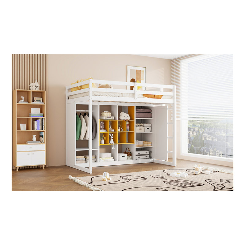 Lit mezzanine simple en bois avec garde-robe, tablettes et armoire, blanc et jaune, Jaune / Blanc, Lit simple