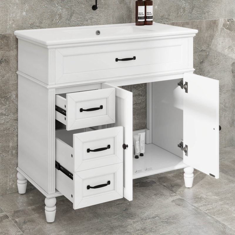Meuble-lavabo 36 po avec lavabo en céramique, armoire de rangement avec 2 portes et 2 tiroirs, pieds rétro, Blanc