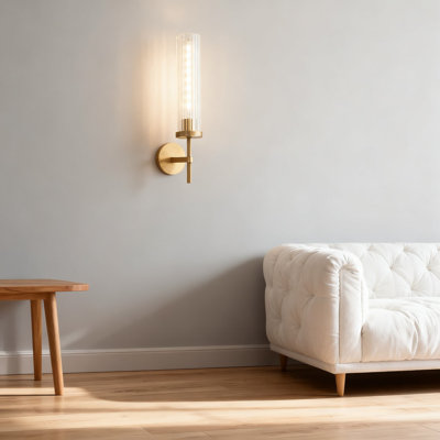 Brass Wall Sconce With Vertical Striped Glass Tube, Modern Gold Vanity Light Fixture For Bathroom, Bedroom, Living Room, Hallway, Staircase, And Kitchen