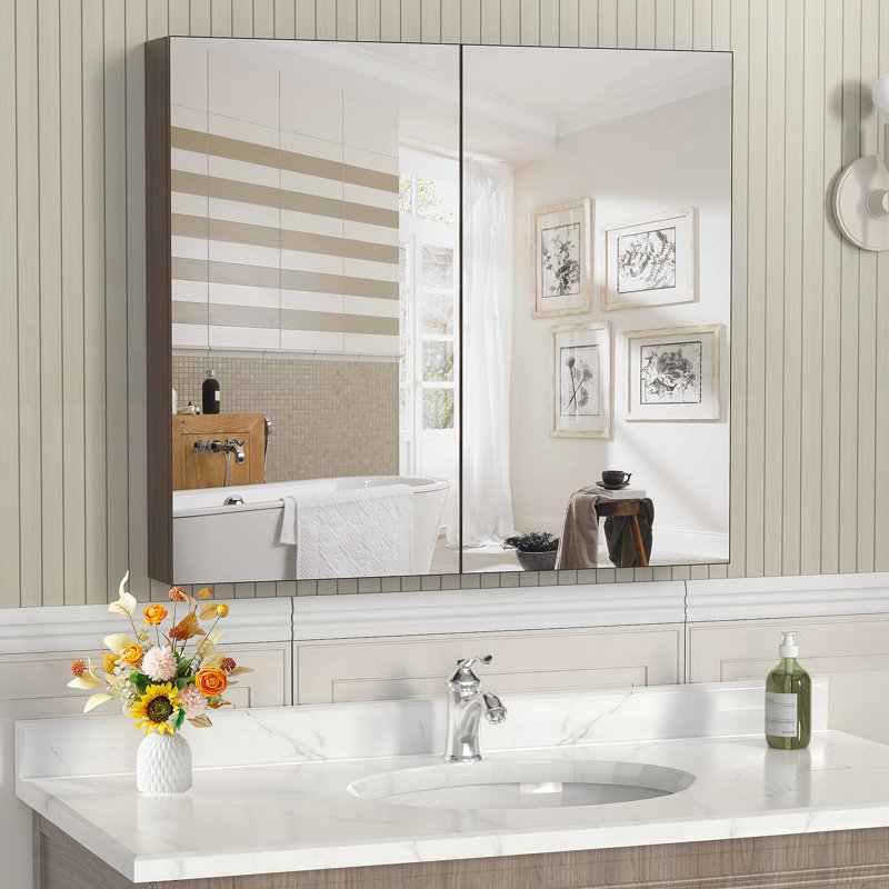 Armoire avec miroir pour salle de bain, armoire de salle de bain murale avec tablettes réglables, Corail