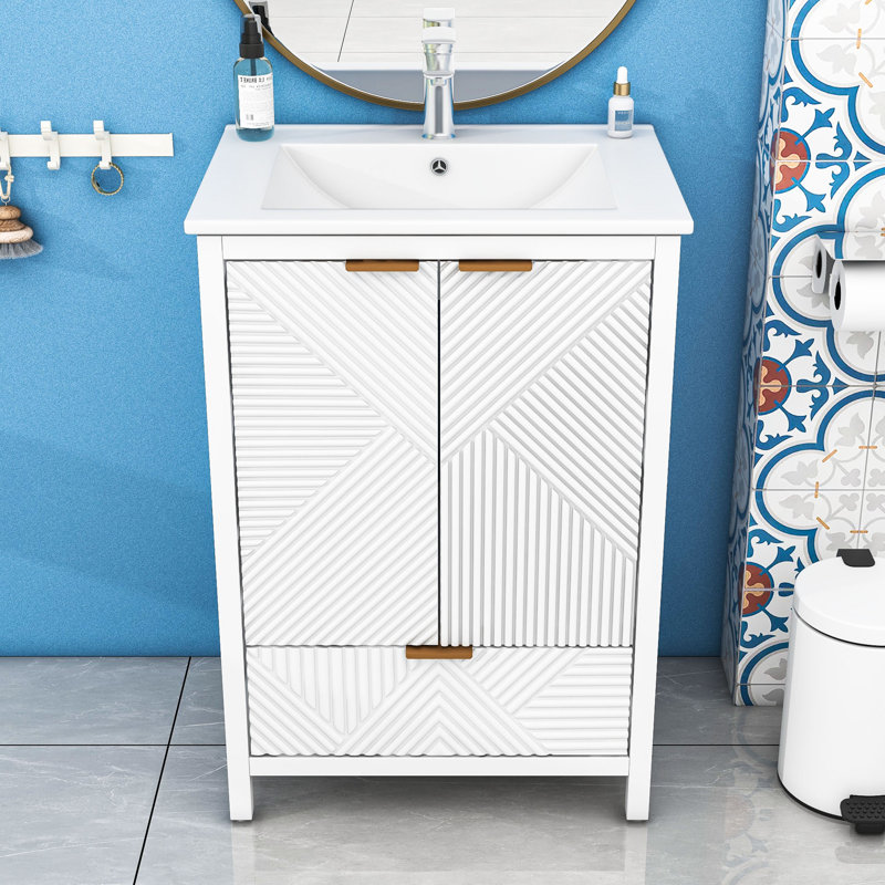 Meuble-lavabo autoportant élégant avec lavabo en céramique, charnières à fermeture en douceur et portes texturées, White
