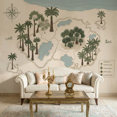 Tropical Island Map Wallpaper Vintage Nautical Chart Compass Rose Removable Wall Decor