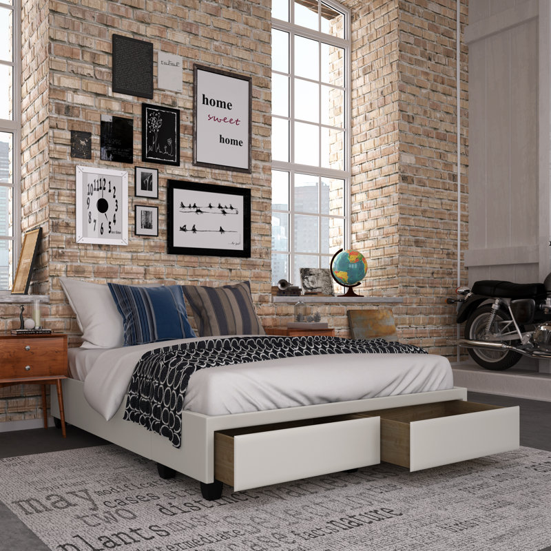 Parma Upholstered Faux Leather Platform Storage Bed, White, Queen