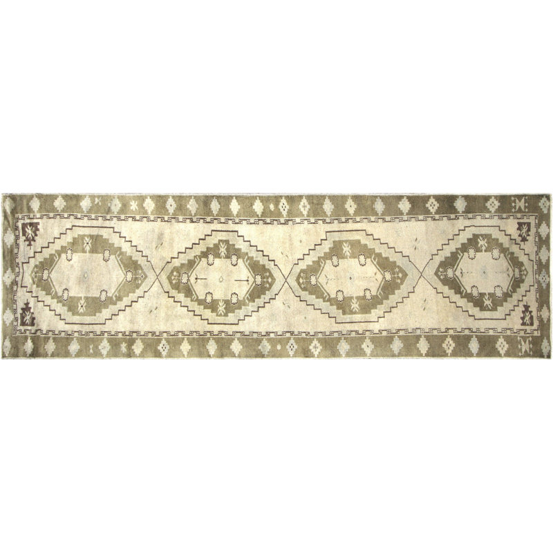 Tapis de couloir beige unique en laine noué à la main 3 pi 9 po x 12 pi 9 po années 1960