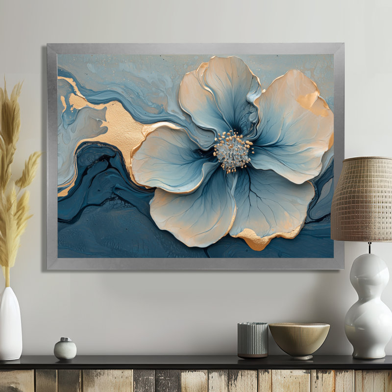 Marbre de geramium abstrait Irmtraut en bleu doré I - art mural en marbre, Argent argent, H 30 po x l 40 po