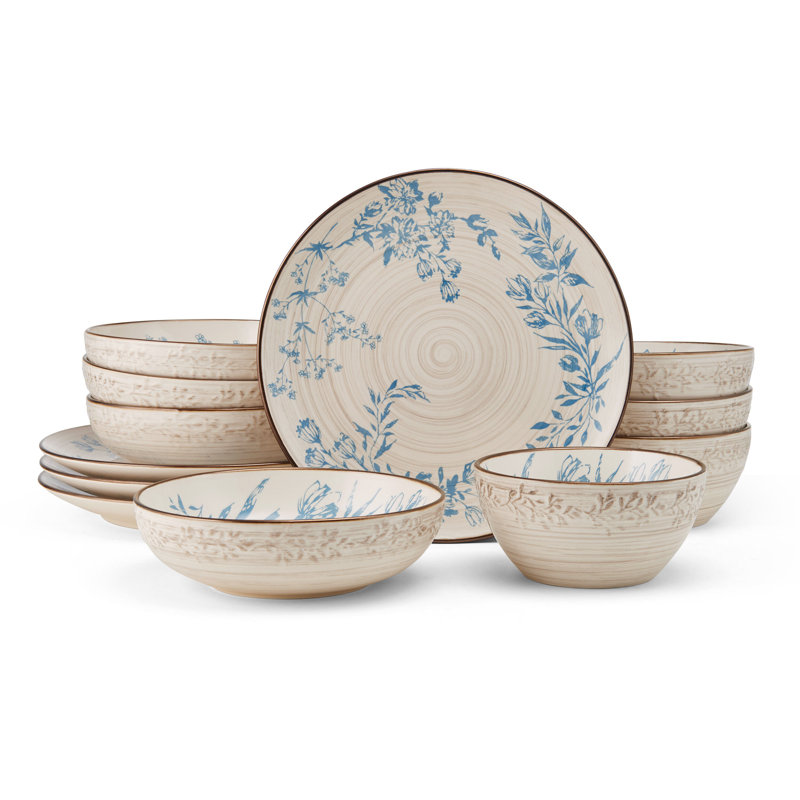 Bella Blue Floral Ceramic 12-Piece Dinnerware Set, Service for 4