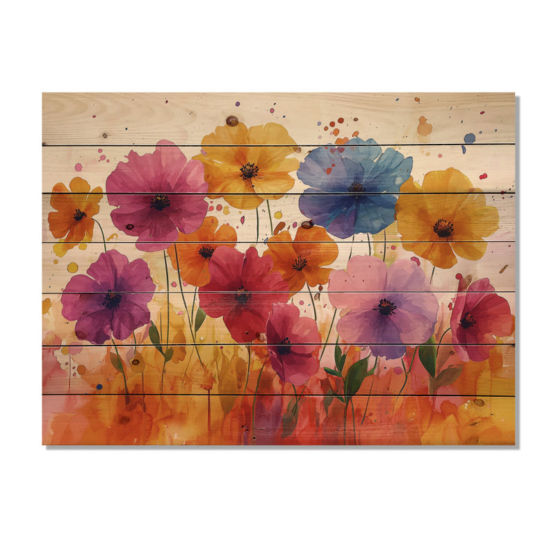 Paysage d'été champêtre fleurs sauvages - décoration murale en bois de fleurs sauvages - sur bois de pin naturel