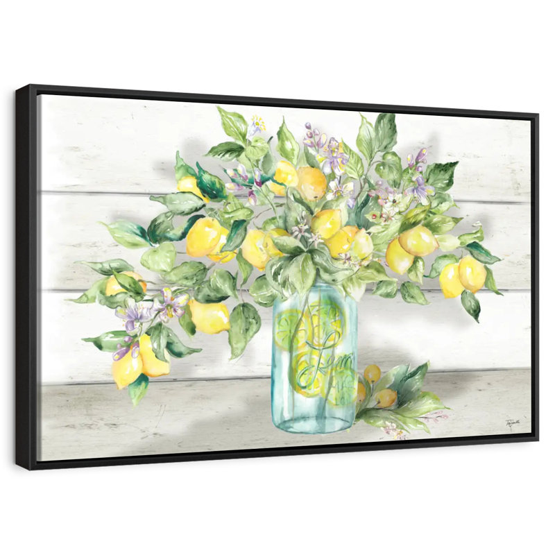 Aquarelle de citrons dans un pot Mason, 13 po x 9 po, Cadre flottant noir