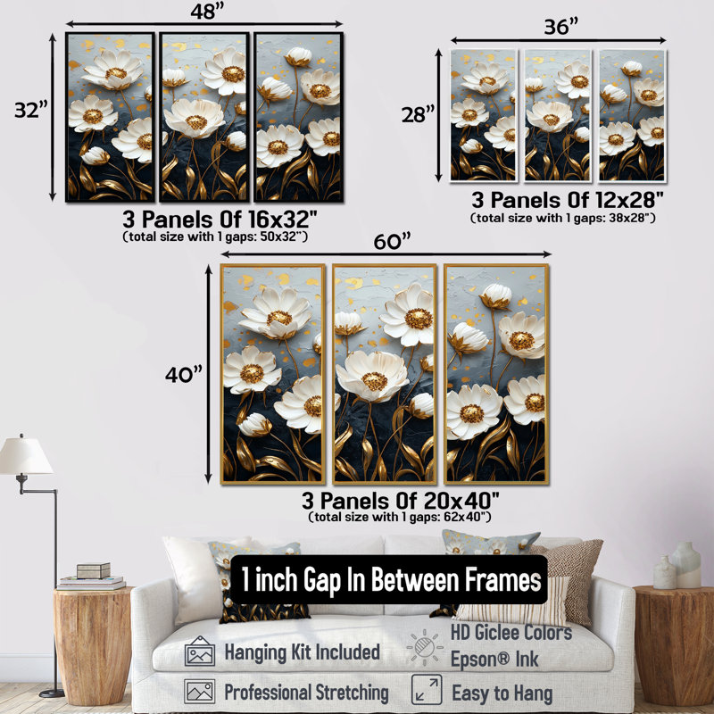 «White Gold Cornflowers Meadow Charm I», ensemble d'art mural, Toile avec cadre flottant or, H 28 po x l 36 po x P 1 po
