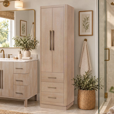 Armoire à linge autoportante Cirilla, 53 cm L x 43 cm P x 183 cm H, couleur Toffee Latte, avec 2 portes et étagères réglables