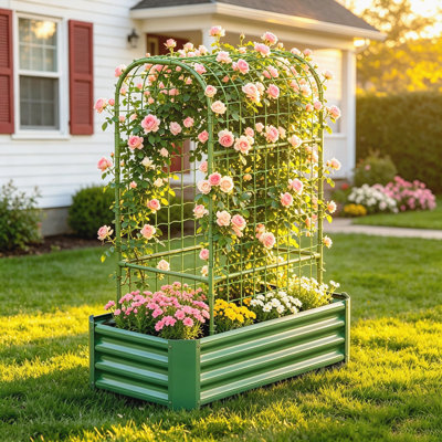 Lit de jardin surélevé 2-en-1 avec treillis, jardinière en métal galvanisé pour plantes grimpantes, légumes, fruits et fleurs, ensemble de 1