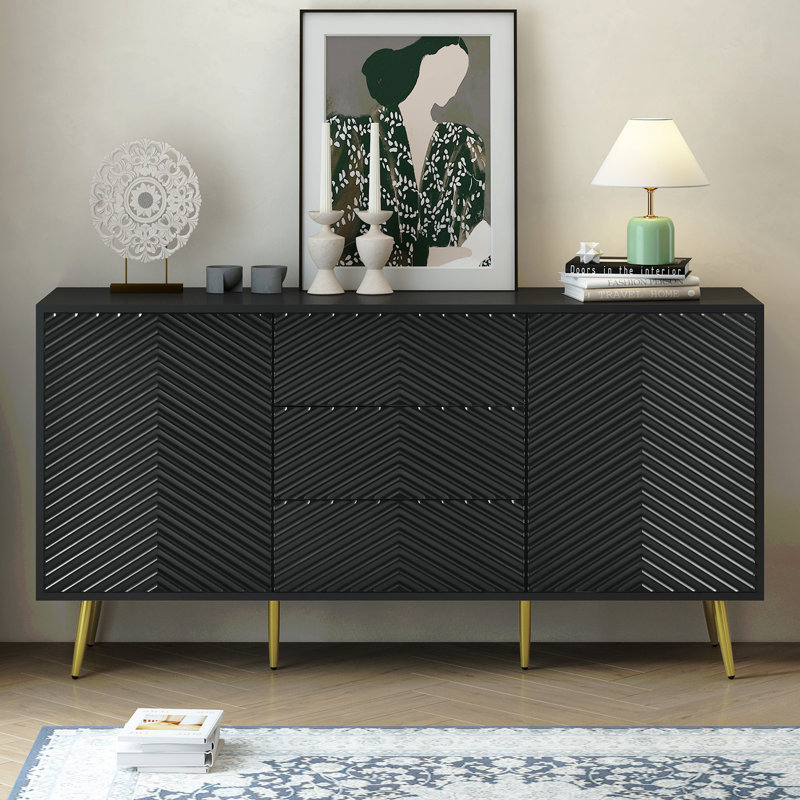 Buffet moderne avec des lignes géométriques, des pieds coniques en métal et des tiroirs centraux