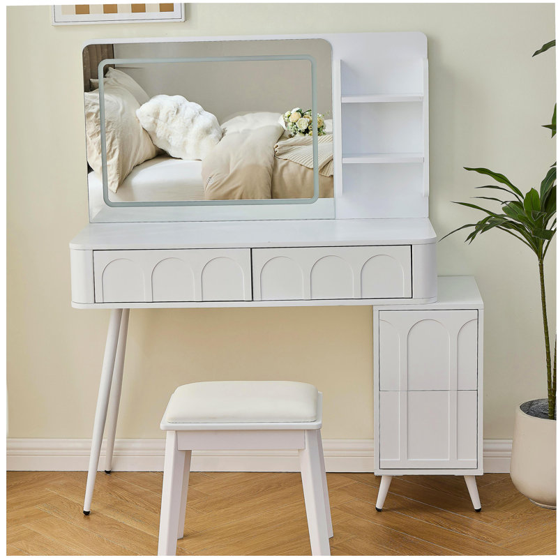 Modern Makeup Vanity Desk with LED Lights & Mirror, 4 Drawer Dressing Table Set with Stool, 3 Colors Dimmable Brightness, Space-Saving for Bedroom, White