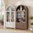 73" Tall Arched Storage Cabinet With Glass Doors & Louvered Drawers, Vintage Brown Display Cabinet With Metal Handles For Living Room Or Study-120834853