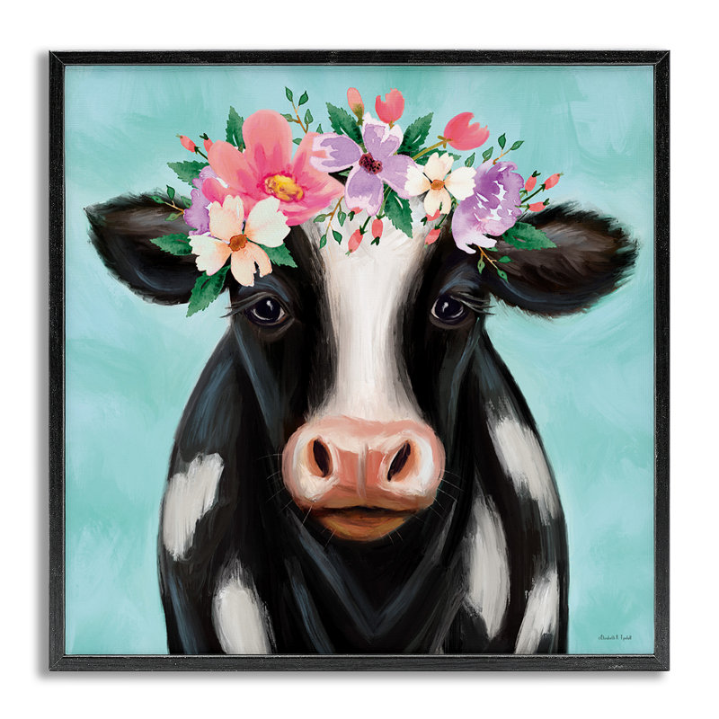 Vache avec fleurs pastel, estampe numérique par Elizabeth Tyndall, Estampe numérique Farmhouse, H 24 po x l 24 po