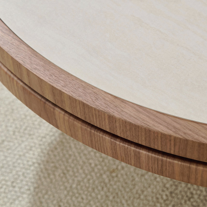 Table basse 35,43 po - Plateau en pierre frittée, piédestal robuste en bois aggloméré - Moderne, Blanc/noyer