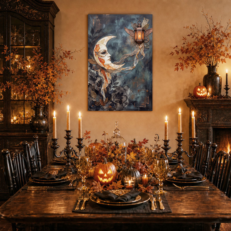Tableau mural sur toile représentant un visage de croissant de lune et une lanterne steampunk pour l'Halloween, 18"H x 12"W