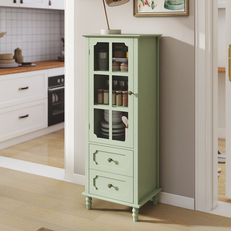 Buffet minimaliste avec portes en verre et double tiroir, armoire de rangement moderne en bois pour le salon, le couloir d'entrée de la salle à manger (vert menthe)