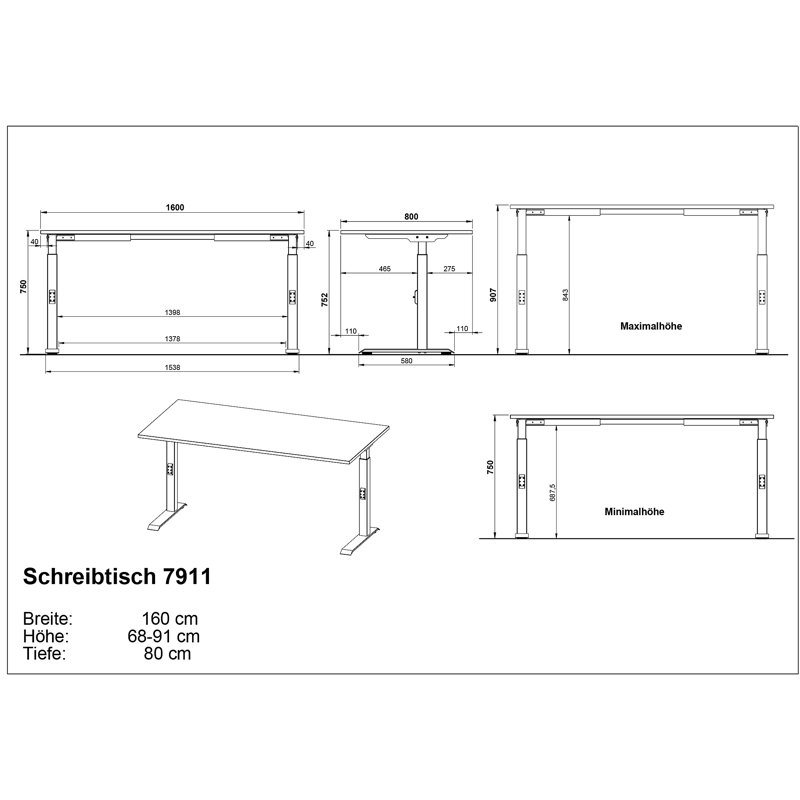Bonares Adjustable Metal Base Desk, Black, 91cm H x 160cm W x 80cm D