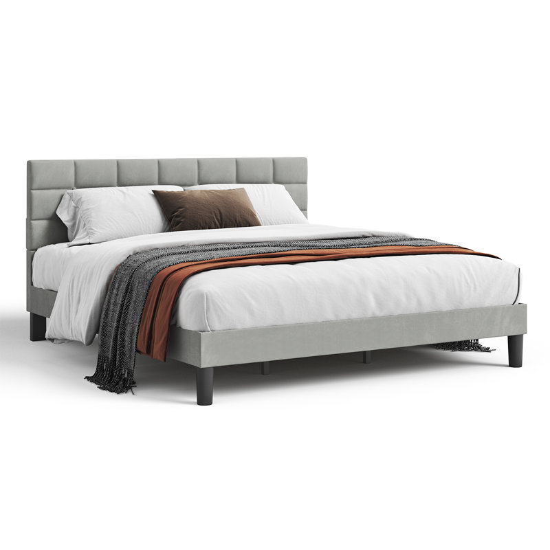 Velvet Upholstered Platform Bed with Headboard, Super King (6')