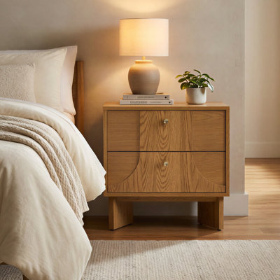 Malyun Modern Japandi Nightstand Oak Veneer Bedside Table with Brass Handles Minimal Bedroom Furniture