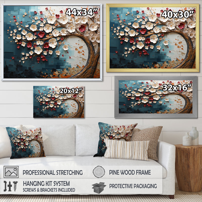 Arbre de fleur rouge et or au clair de lune beauté VI - art mural arbre, H 12 po x l 20 po x P 1 po, Cadre flottant doré