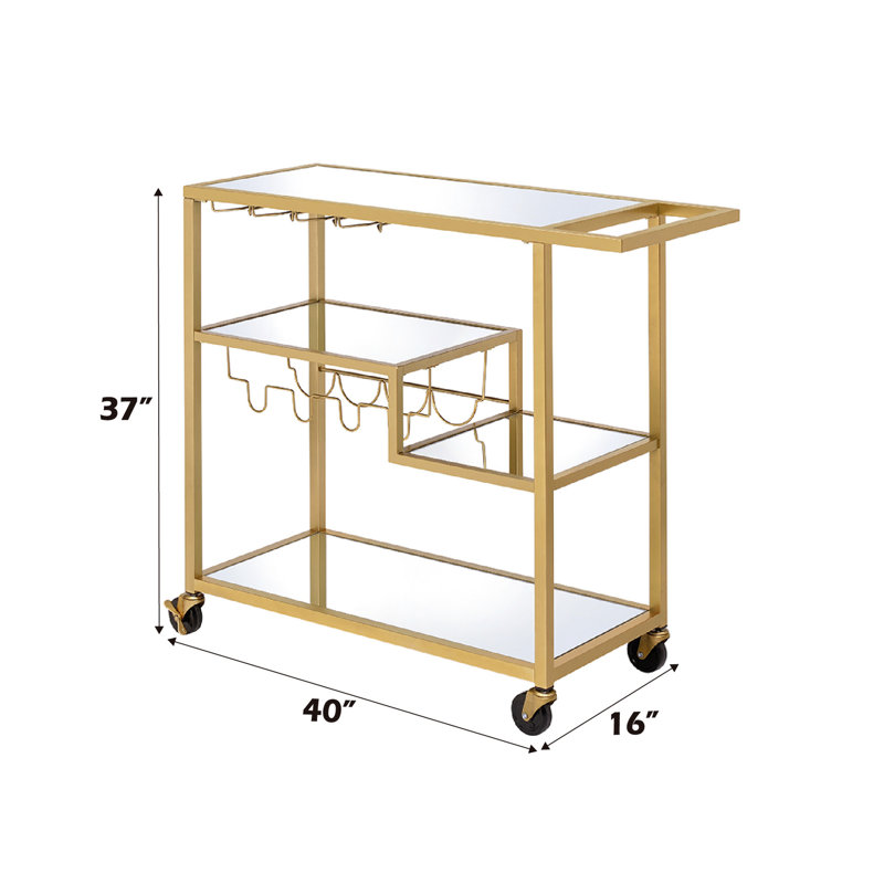 Mirrored & Champagne Finish Serving Cart For Home Entertainment, 5mm Mirror Top Shelves, Metal Frame, Wine Bottle/stemware Rack, Caster Wheels, 3 Open Compartments, 70lbs Weight Limit, 40lbs Shelf