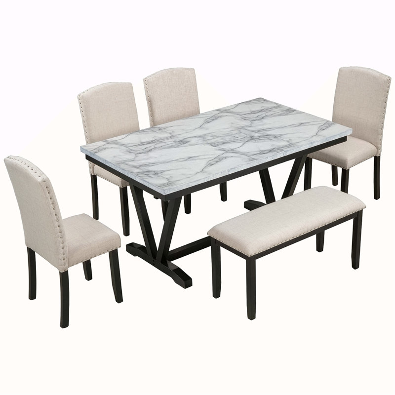 Modern Style 6-Piece Dining Table With 4 Chairs & 1 Bench, Table With Marbled Veneers Tabletop And V-Shaped Table Legs
