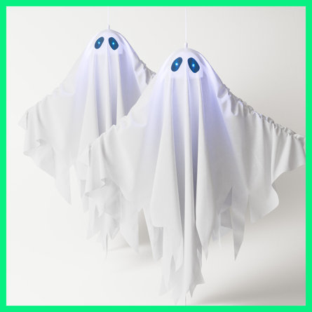 Two hanging ghosts with blue lights for eyes.