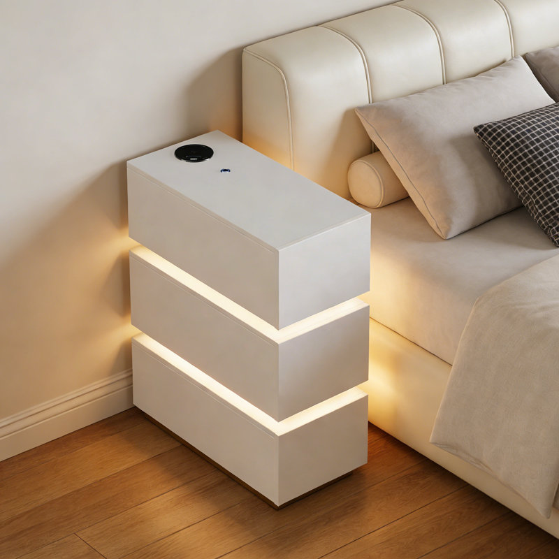 Table de chevet étroite étroite à 3 tiroirs avec lumière DEL, Blanc