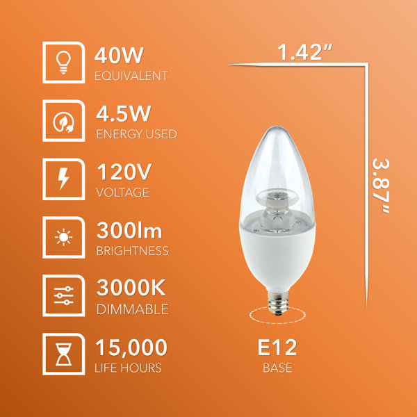 Candex Lighting M850189-10 4.5 Watt (40 Watt Equivalent), CA12 LED, Dimmable Light Bulb, 3000K E12/Candelabra Base (Set of 10)