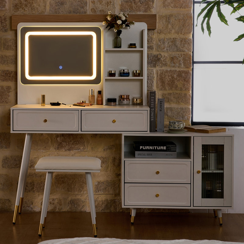 Ensemble de coiffeuse moderne avec miroir et lumières, ensemble de table de maquillage compact, Blanc