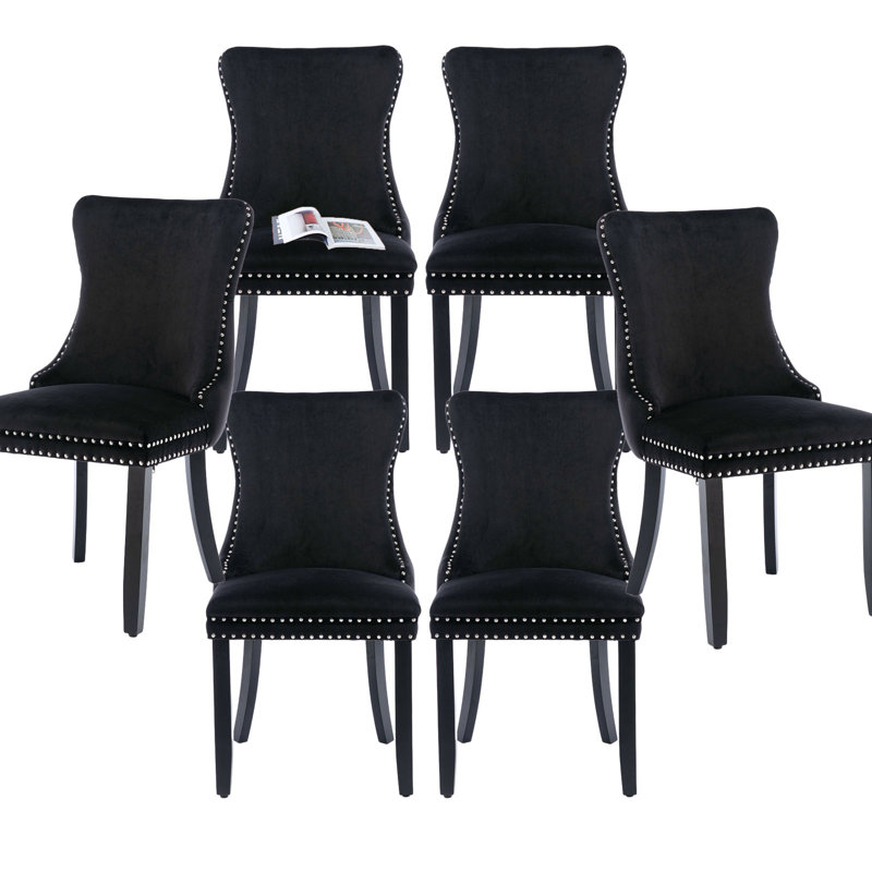 Black Velvet Upholstered Dining Chairs with Nailhead Trim, Set of 6