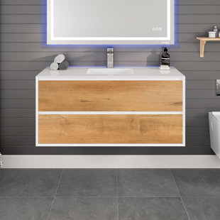 Kiskimere 48"W X 21"D Oak Wall Mount Bathroom Vanity With White Acrylic Countertop And Integrated Sink