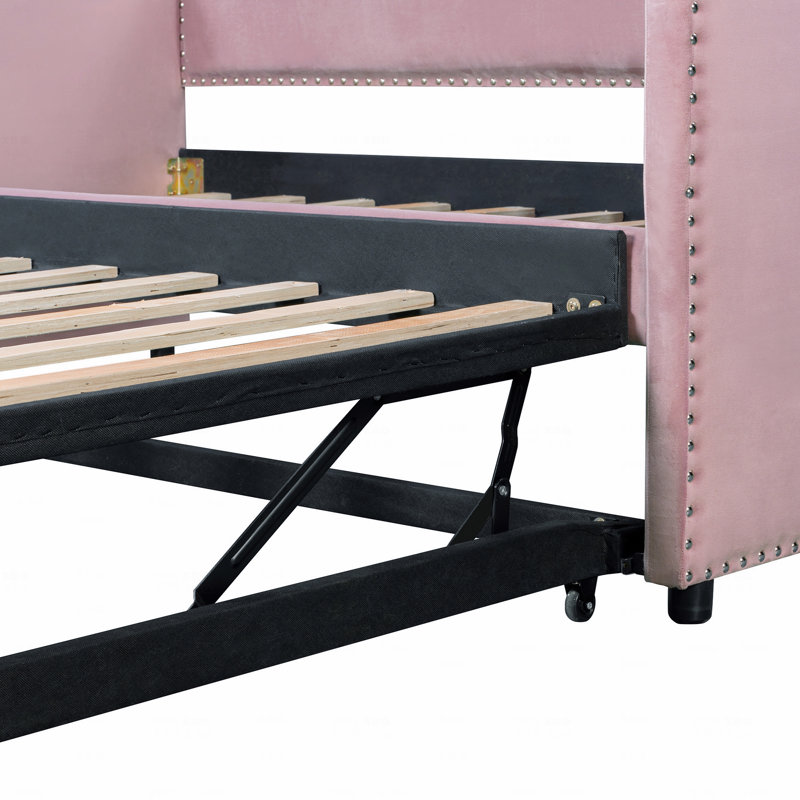 Twin Size Velvet Upholstered Design Daybed Frame With Pop Up Trundle, Pink, Pink