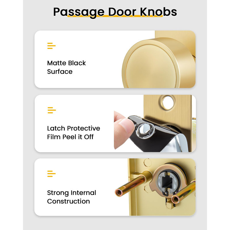 Gold Closet Door Knob Interior, Bruhsed Gold Passage Interior Door Knob, Heavy Duty Zinc Alloy Modern Indoor Brushed Brass DoorKnob for Closet, Hallway, 1 Pack