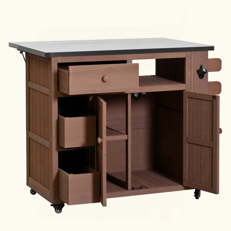 Îlot de cuisine d'extérieur en bois massif d'extérieur, table de gril supérieure en acier inoxydable avec support à épices latéral, chariot de cuisine avec tiroirs, armoire de rangement pour la cour arrière, barbecue, fête