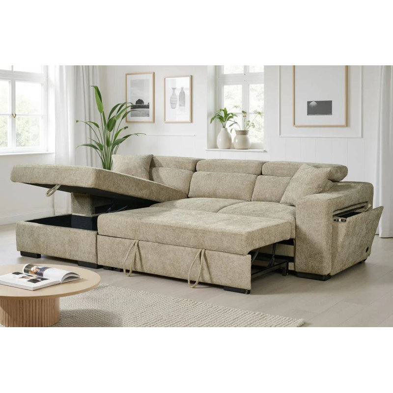 4 Seater Sofa Bed, Left Hand Facing, Beige Polyester