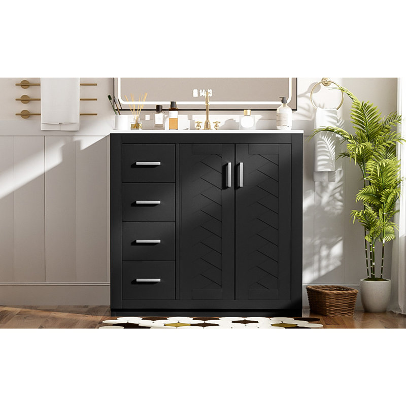 Meuble-lavabo 36 po avec lavabo en céramique, Blanc / Doré, 36"