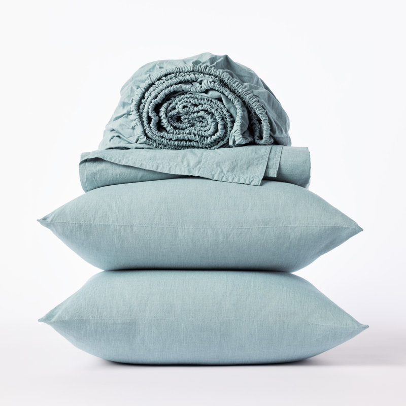 Organic Crinkled Percale Organic 100% Cotton Sheet Set, Full Sheet Set with 2 Pillowcases, Surf Chambray