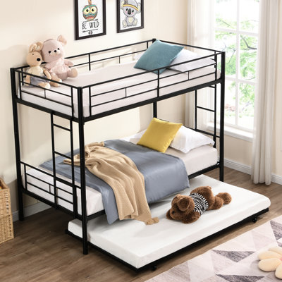 Lit simple superposé au dessus d'un lit simple en métal avec lit gigogne, noir - pièce de chambre à coucher moderne pour plus de confort, conception peu encombrante, stabilité en acier solide, fonctionnalité silencieuse et silencieuse, escalier sécuritaire, assemblage de toutes les pièces, non